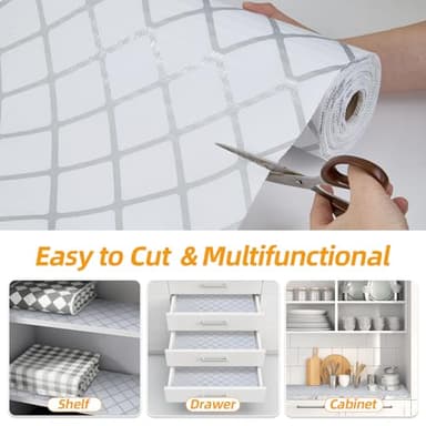 Shinlendid Drawer and Shelf Liner for Kitchen Cabinets, Non-Adhesive Strong Grip Cabinet Liners for Dressers, Durable Waterproof Anti Slip Cupboard Liner, White/Sliver, 23 in x 10 Feet - Image 5