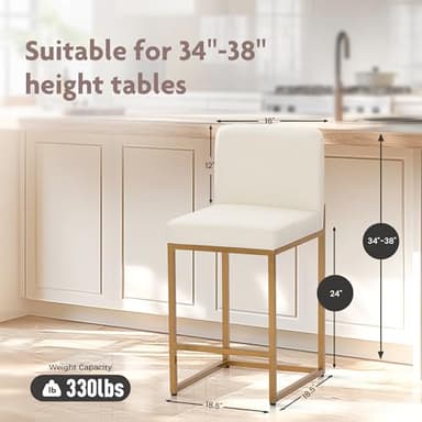 ALPHA HOME 24” Bar Stools Set of 3 Counter Height Bar Stool Pu Leather Kitchen Modern Bar Stools with Backrest Upholstered Footrest Sturdy Chromed Metal Steel Frame, Off-White - Image 2
