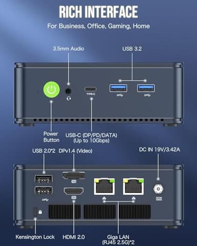 GMKtec Mini PC AMD Ryzen 7 5825U (Turbo 4.5GHz) Dual NIC 2.5G Gaming Desktop Computers 16GB DDR4 512GB SSD Dual LAN 2.5G/ WiFi 6E, USB3.2, USB-C, BT 5.2, DP, HDMI, Dual Fan - Image 4
