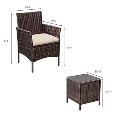 Greesum 3 Pieces Patio Furniture Sets Outdoor PE Rattan Wicker Chairs with Soft Cushion and Glass Coffee Table for Garden Backyard Porch Poolside, Brown and Beige - Image 7