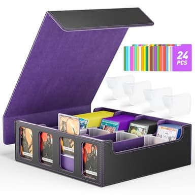 Flooyes Card Storage Box for Trading Cards with 4 Card Supporters, 3200+ MTG Deck Box with 24 Colorful Dividers, Commander Trading Card Storage Box with Viewing Windows for Magic Game Cards, Purple - Image 1