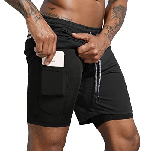 Leidowei Men's 2 in 1 Workout Running Shorts Lightweight Training Yoga Gym 7" Short with Zipper Pockets Black L - Image 1