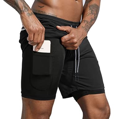 Leidowei Men's 2 in 1 Workout Running Shorts Lightweight Training Yoga Gym 7" Short with Zipper Pockets Black L - Image 1