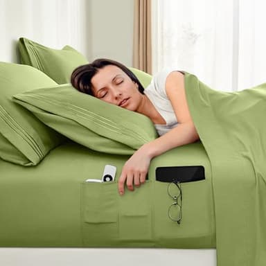 BYSURE 6 Pieces Bed Sheets Set with Pockets on Side(King, Sage Green), Sweat-Wicking Breathable Sheets, 16-inch Super Soft Hotel Embroidered Microfiber Sheet Set - Image 6