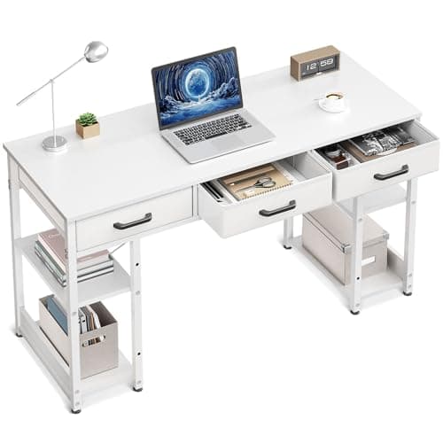 Casaottima Small Office Desk with Fabric Drawers, Computer Desk with Storage Shelves, Modern Writing Table, 48" Home Desk, Pure White - Image 1