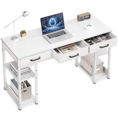 Casaottima Small Office Desk with Fabric Drawers, Computer Desk with Storage Shelves, Modern Writing Table, 48" Home Desk, Pure White - Image 1
