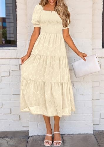 PRETTYGARDEN Women's 2025 Summer Casual Midi Dresses Square Neck Short Sleeve Smocked A Line Floral Flowy Elegant Boho Dress (Beige,X-Large) - Image 6