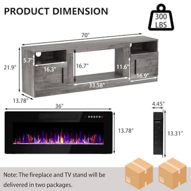 PRETZI Fireplace TV Stand with 36" Fireplace Up to 80" TVs,70" Entertainment Center with LED Lights,Remote Control,TV Media Console with Storage Cabinets for Living Room, Gray - Image 2