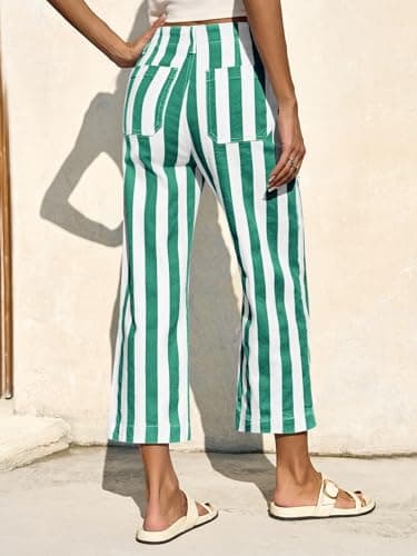 Tankaneo Womens Cropped Striped Jeans Casual High Waisted Stretchy Straight Leg Denim Pants with Pockets Green - Image 3