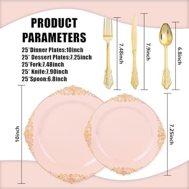Joyido 125PCS Pink and Gold Plastic Plates - Pink Disposable Plates - Vintage Plate with Gold Plastic Silverware Set for 25 Guests for Weddings Parties - Image 6