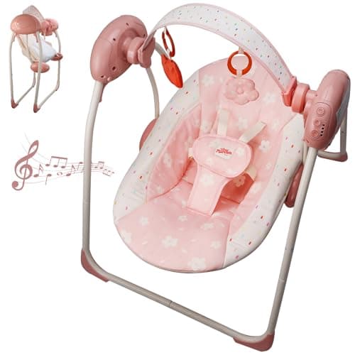 Baby Swings for Infants, Tiny Marvels Portable Swing with Adaptable Speed, Music, Removable-Toy-Bar, Foldable Infant Swing for Indoor and Outdoor Use, 0-9 Months 6-20 lbs(Blush Bloom) - Image 1