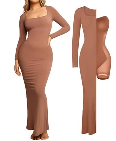 Popilush Long Sleeve Maxi Dress Bodycon Cocktail Dress Shapewear Tummy Control Fall Formal Dresses Built-in Bra Brown - Image 1