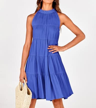 Okiwam Womens Summer Halter Dresses Sleeveless A Line Tiered Swing Mini 2025 Fall Casual Boho Beach Vacation Sundress-L Blue - Image 7
