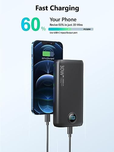Portable Charger, 30000mAh QC4.0 PD3.0 30W USB C Fast Charging, Power Bank with 3W Flashlight and Led Display, External Battery Pack Travel Essentials for iPhone 17 16, Galaxy, LG, Tablet, and More - Image 4