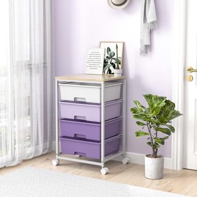 Utility Cart with 4 Drawers,Rolling Storage Cart with Drawers,Storage Rolling Drawer Cart with Wooden Tabletop for Bedroom,Kid's Room,Dorm,Classroom,Office, Purple - Image 2