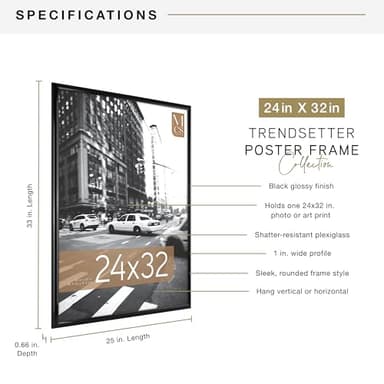 MCS Trendsetter 24x32 Poster Frame Black High-Gloss, Vertical & Horizontal Wall Hanging Large Picture Frame for Photos, Posters & Art Prints (1-Pack) - Image 2