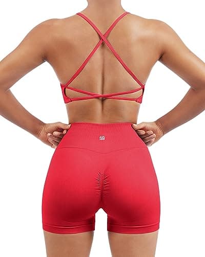 SUUKSESS Women Seamless 2 piece Workout Sets Strappy Padded Sports Bra Booty High Waisted Shorts Outfits (Red,S) - Image 1