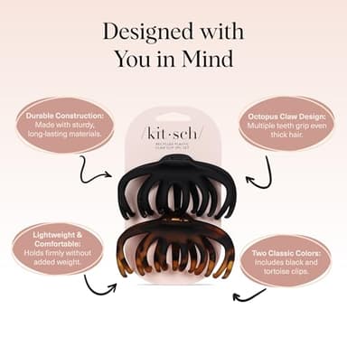 Kitsch Octopus Claw Clips for Women - Cute & Stylish Hair Clips for Everyday Use, Octopus Claw Clip for Thick Hair - Black & Tortoise, 2pcs - Image 4