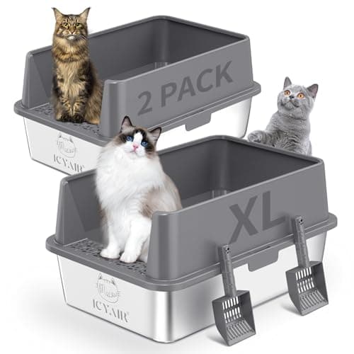 2PACK Stainless Steel Cat Litter Box with High Sides Lid, Extra Large XL Litter Box for Big Cats, Metal Kitty Litter Boxes with Anti-Leakage Enclosure,Non-Stick,Odorless,Scoop Included - Image 1