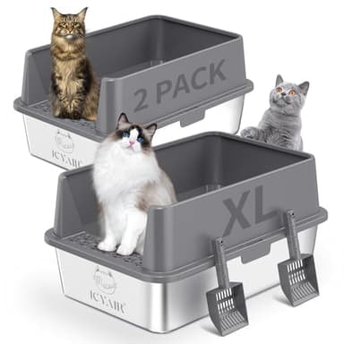 2PACK Stainless Steel Cat Litter Box with High Sides Lid, Extra Large XL Litter Box for Big Cats, Metal Kitty Litter Boxes with Anti-Leakage Enclosure,Non-Stick,Odorless,Scoop Included - Image 1