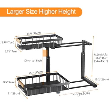 PXRACK 2 PACK Under Sink Organizer,Adjustable Height,2 Tier Pull Out Under Cabinet Organizer,Thickened Metal Shelf,Slide Out Under Sink Storage for Kitchen Bathroom Cabinet Laundry - Image 7
