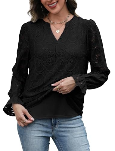 Black Long Sleeve Shirts for Woman Dressy Casual Blouses Lace Eyelet Fall Tops 2025 Womens Fashion Going Out Date Night Outfits Embroidered L - Image 4
