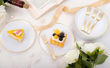 Festiva 200Pcs Gold Dessert Plates 6.3" with Forks 5"- Small Disposable Dessert/Cake/Appetizer Plates Plates- serve 100 guests include 100Plates 100Forks for Wedding Party&Thanksgiving&Birthday - Image 7