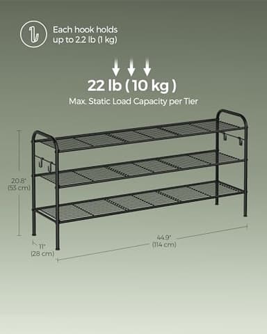 SONGMICS Shoe Rack, 3-Tier Shoe Organizer, Metal Shoe Shelf Storage with 4 Side Hooks, Holds 18 Pairs of Shoes, Height-Adjustable Shoe Rack for Entryway, Hallway, Closet, Easy Assembly, Ink Black - Image 3