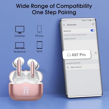 Wireless Earbuds, 2025 Bluetooth 5.4 Headphones in Ear with Stereo Deep Bass, 40H Bluetooth Ear Buds with 4 ENC Noise Cancelling Mics, IP7 Waterproof Earphones Hands-Free Calls LED Display Gold Pink - Image 7