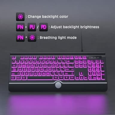 KOPJIPPOM Large Print Backlit Computer Keyboard, USB Full Size Wired Keyboards with 7-Colors Backlight, Wrist Rest, Light Up Keyboard for Windows, PC, Laptop - Easy to See, Easy to Setup - Image 5