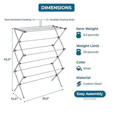 Honey-Can-Do Collapsible Laundry Drying Rack, Sturdy Steel, Foldable & Portable Clothes Drying Rack, Space-Saving Design, Indoor & Outdoor Drying, Ideal for Laundry Room 50lb Capacity, Silver - Image 6