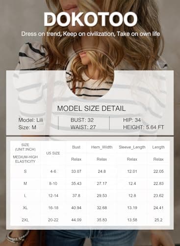 Dokotoo Short Sleeve Sweater for Women 2025 Trendy Crewneck Tops Casual Black Striped Blouse Puff Sleeve Fall Clothing Color Block Knitted Shirts Casual Business Outfits for Outgoing Large - Image 6