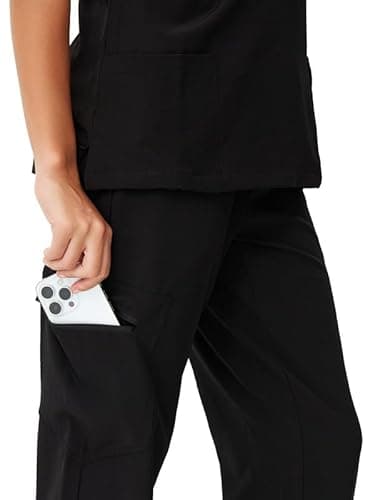 floralhue Scrubs for Women, V-Neck Scrubs Top & Cargo Pants, Scrubs Set with 10 Pockets, Yoga Waistband, 4 Way Stretch, Black, M - Image 5