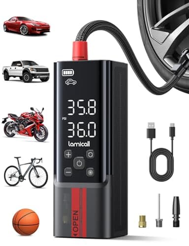 Tire Inflator Portable Air Compressor - Lamicall [150 PSI] [4X Faster] [Auto-Stop] Bike Car Cordless Air Pump with Rechargeable Battery, Car Pressure Gauge, LED Light, for Cars, Motorcycle, Bike, Ball - Image 1