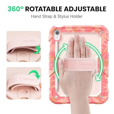 SEYMAC Case for iPad (A16) 11th/10th Generation 2025/2022 (11″/10.9″), Heavy Duty Full-Body Shockproof Protective Case with Screen Protector, Rotating Stand, Hand/Shoulder Strap, Multicolor/Pink - Image 3