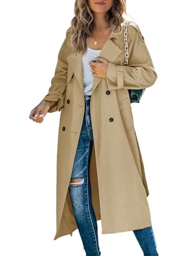 Makkrom Women's Double Breasted Long Trench Coat Windproof Classic Lapel Slim Overcoat with Belt - Image 1