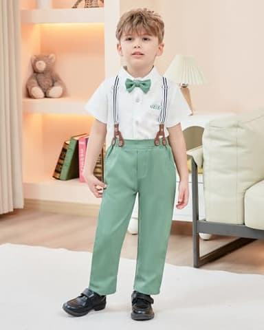 SANMIO Toddler Baby Boy Clothes Suit Gentleman Wedding Outfits, Formal Dress Shirt with Bowtie + Suspender Pants 1-5 Years - Image 3