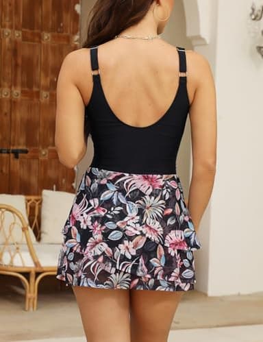 VIMPUNEC Women One Piece Swim Dress Swimsuit Tummy Control Modest Swim Skirt Bathing Suit Floral Black M - Image 2