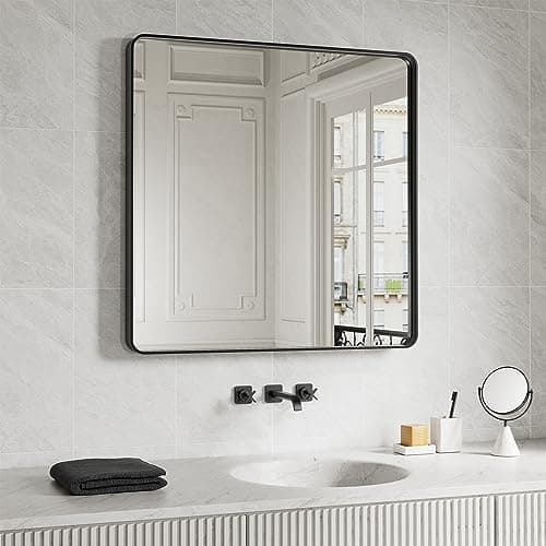 JISOSO Black Bathroom Mirror 36X36 Inch, Black Metal Framed Mirror for Wall, Rounded Rectangle Matte Bathroom Vanity Mirror with Tempered Glass, Anti-Rust, Horizontal/Vertical