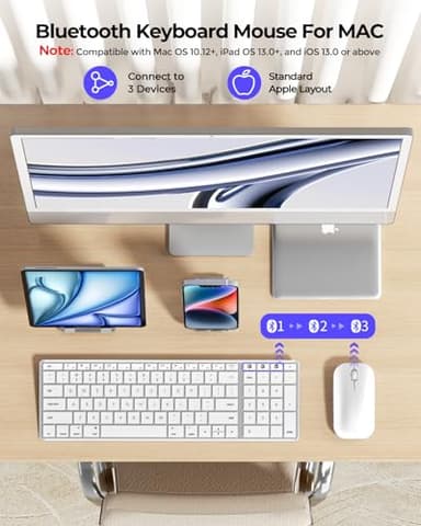 seenda Bluetooth Keyboard and Mouse for Mac, SKM64-2 Multi-Device Rechargeable Slim Wireless Keyboard Mouse Stainless Steel Full Size, Compatible with MacBook Pro/Air, iPad, Mac - White Silver - Image 2