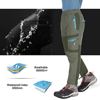 linlon Kids Boy's Snow Waterproof Pants Youth Fleece Lind Hiking Softshell Warm Insulated Trousers 9056-Army Green-L - Image 7