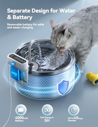 Wireless Cat Water Fountain Stainless Steel [Water & Battery Separation] FEELNEEDY Smart Pet Water Fountain, 4000mAh Battery Operated Water Fountain for Cats Dogs 3.5L/118oz + 6 Filters - Image 2