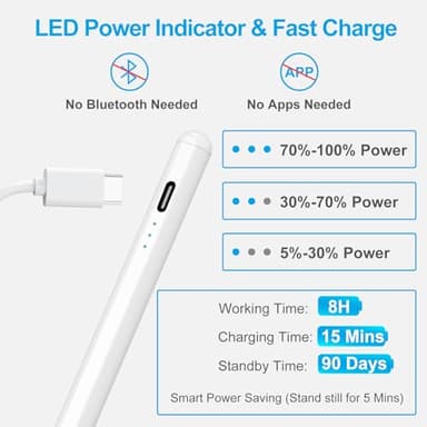 Stylus Pen for iPad (2025-2018), Fast Charge Pencil for iPad 11th A16/10/9/8/7/6 Gen, Air M3 & M2 2024 11"/13"/5/4/3th Gen, Pro M4 11"/13"/12.9", Mini A17 Pro 7/6/5th, Palm Rejection, Tilt Feature - Image 7