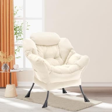 Youtanic Lazy Chair Thick Padded, Comfy Velvet Accent Lounge Chair with Stable Frame, Leisure Sofa Armchair with Armrests and Side Pocket, Reading Chair for Bedroom, Living Room, Office, Beige - Image 2