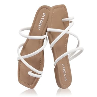 FITORY Women's Slide Sandals Flat Toe Ring Thongs with Cross Strap for Summer Size 9 White - Image 4