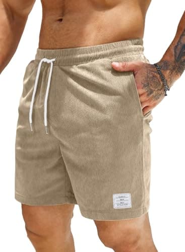 JMIERR Men's Corduroy Shorts Casual Elastic Waist Drawstring Lightweight Summer Beach Shorts for Resort Wear 38 (X-Large) Parchment - Image 1