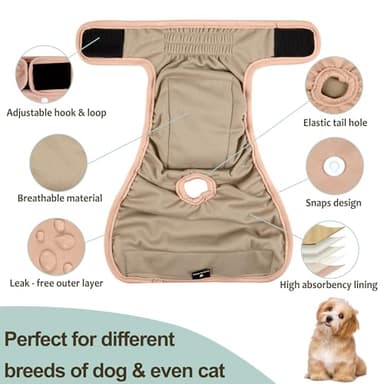 Grecle Washable Female Dog Diapers - Premium Reusable Diapers for Doggie in Heat - Highly Absorbent Dog Diapers Female for Pet Incontinence with Adjustable Snaps Pink, L - Image 5