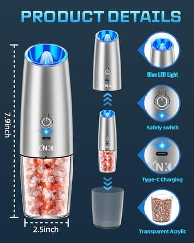 XinXu RECHARGEABLE Salt and Pepper Grinder Set,Automatic Pepper Mill,USB Rechargeable,Adjustable Coarseness,One-handed Operation,Ceramic Burr,Refillable,Auto Grinders Shakers LED Light,Sliver - Image 7