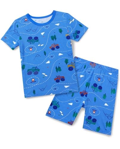 babee Reshinee Bamboo Viscose Toddler Car Pajamas Boys Girls Kids Cool Short Summer Pjs Pyjamas Set 5-6Y Blue Tractor 2pcs Sleepwear Jammies - Image 1