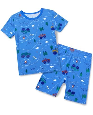 babee Reshinee Bamboo Viscose Toddler Car Pajamas Boys Girls Kids Cool Short Summer Pjs Pyjamas Set 5-6Y Blue Tractor 2pcs Sleepwear Jammies - Image 1
